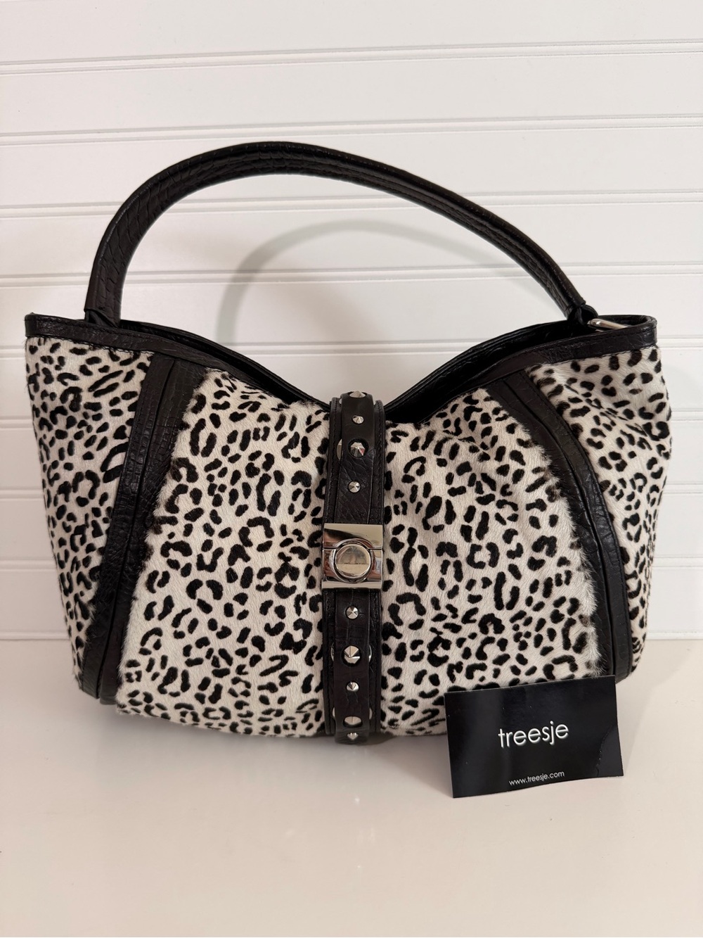 Treesje Black and White Leopard-Print Shoulder Bag with Studded Strap